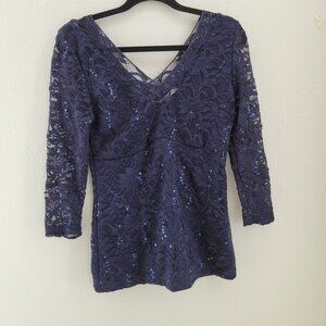 Boston Proper Top Women's M Blue Empire Waist Lined Lace Sequins Sheer Sleeves
